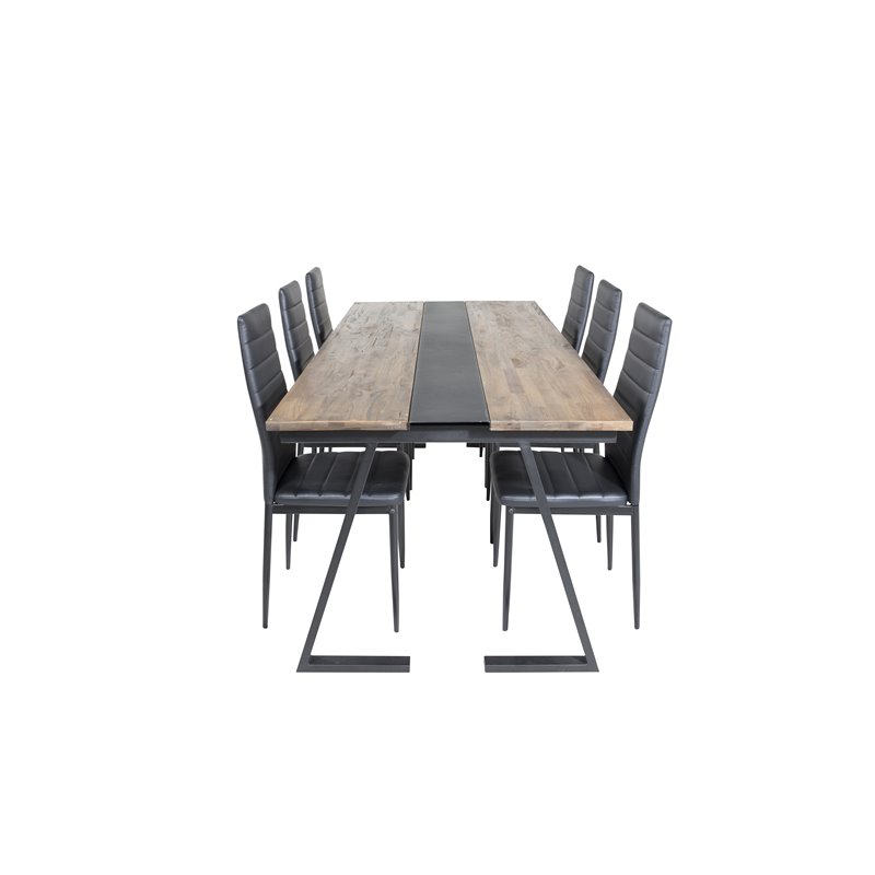 Jakarta Spisebord, 200 * 90 * H75 - Mørk Teak / Sort, Slank spisebordsstol med høj ryg - Sorte Ben - Sort PU_6