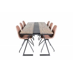 Jakarta Dining Table , 200*90*H75 - Dark Teak / Black, Polar Dining Chair with Spin function - black Legs - Brown PU - White Sti