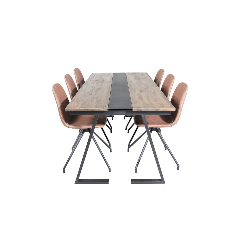 Jakarta Dining Table , 200*90*H75 - Dark Teak / Black, Polar Dining Chair with Spin function - black Legs - Brown PU - White Sti