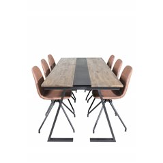 Jakarta Dining Table , 200*90*H75 - Dark Teak / Black, Polar Dining Chair with Spin function - black Legs - Brown PU - White Sti