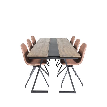 Jakarta Dining Table , 200*90*H75 - Dark Teak / Black, Polar Dining Chair with Spin function - black Legs - Brown PU - White Sti