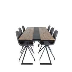 Jakarta Dining Table , 200*90*H75 - Dark Teak / Black, Polar Dining Chair with Spin function - black Legs - Black PU - Black Sti