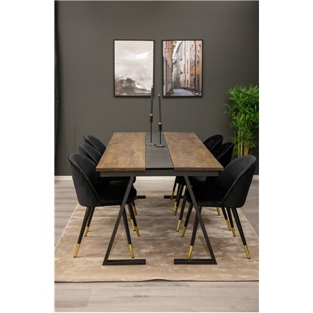 Jakarta Dining Table , 200*90*H75 - Dark Teak / Black, Velvet Dining Chair Brass - Black / Black_6