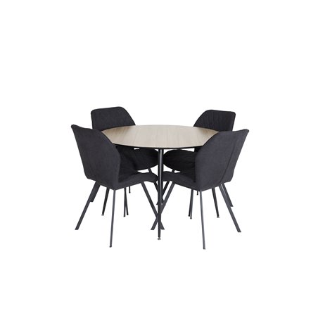 Silar Dining Table - Round 100 cm - "Wood Look" Melamine / Black Legs, Gemma Dining Chair - Black Legs - Black Fabric_4