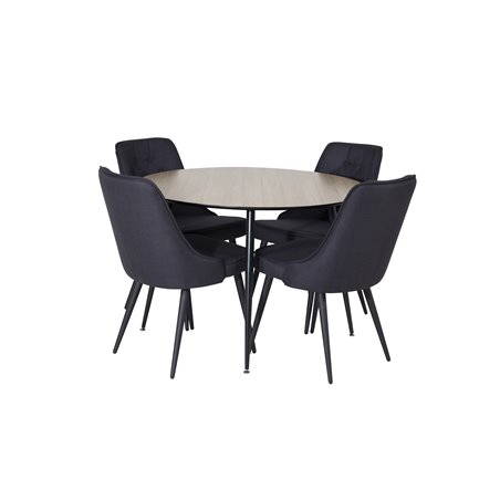 Silar Dining Table - Round 100 cm - "Wood Look"  Melamine / Black Legs, Velvet Deluxe Dining Chair - Black Legs - Black Fabric_4