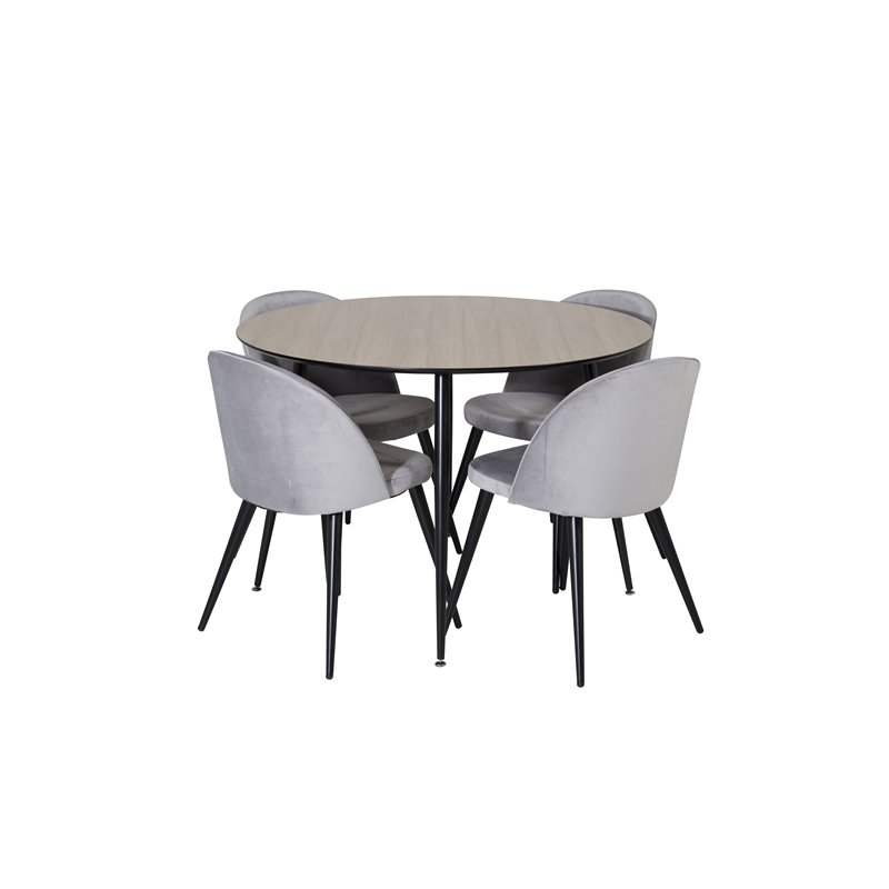 Silar Dining Table - Round 100 cm - "Wood Look" Melamine / Black Legs, Velvet Dining Chair - Light Grey / Black_4