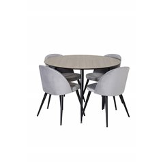 Silar Dining Table - Round 100 cm - "Wood Look" Melamine / Black Legs, Velvet Dining Chair - Light Grey / Black_4