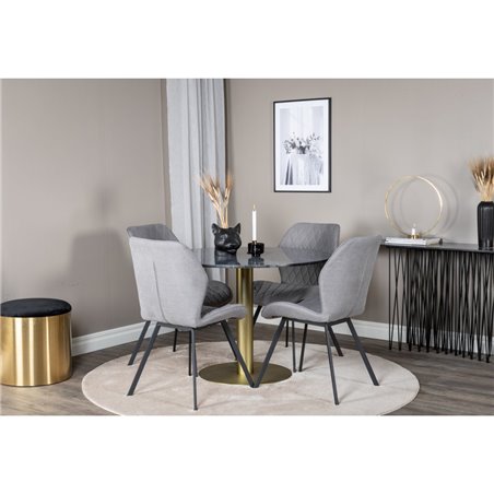 Estelle Round Dining Table ø106 H75 - Black / Brass, Gemma Dining Chair - Black Legs - Grey Fabric_4