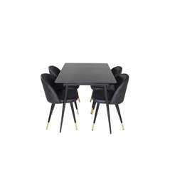 Silar Extention Table  - Black Melamine / Black Legs, Velvet Dining Chair w, Stiches - PU - Black / Black_4