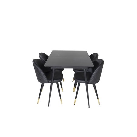 Silar Extention Table  - Black Melamine / Black Legs, Velvet Dining Chair w, Stiches - PU - Black / Black_4