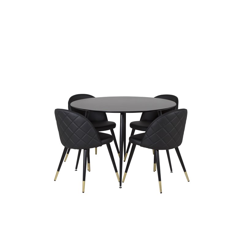 Silar Dining Table - Round 100  cm - Black Melamine / Black Legs, Velvet Dining Chair w, Stiches - PU - Black / Black_4