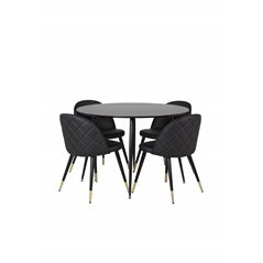 Silar Dining Table - Round 100 cm - Black Melamine / Black Legs, Velvet Dining Chair w, Stiches - PU - Black / Black_4