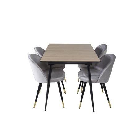 Silar Extention Table - "Wood Look" Melamine / Black Legs, Velvet Dining Chair Brass - Light Grey / Black_4