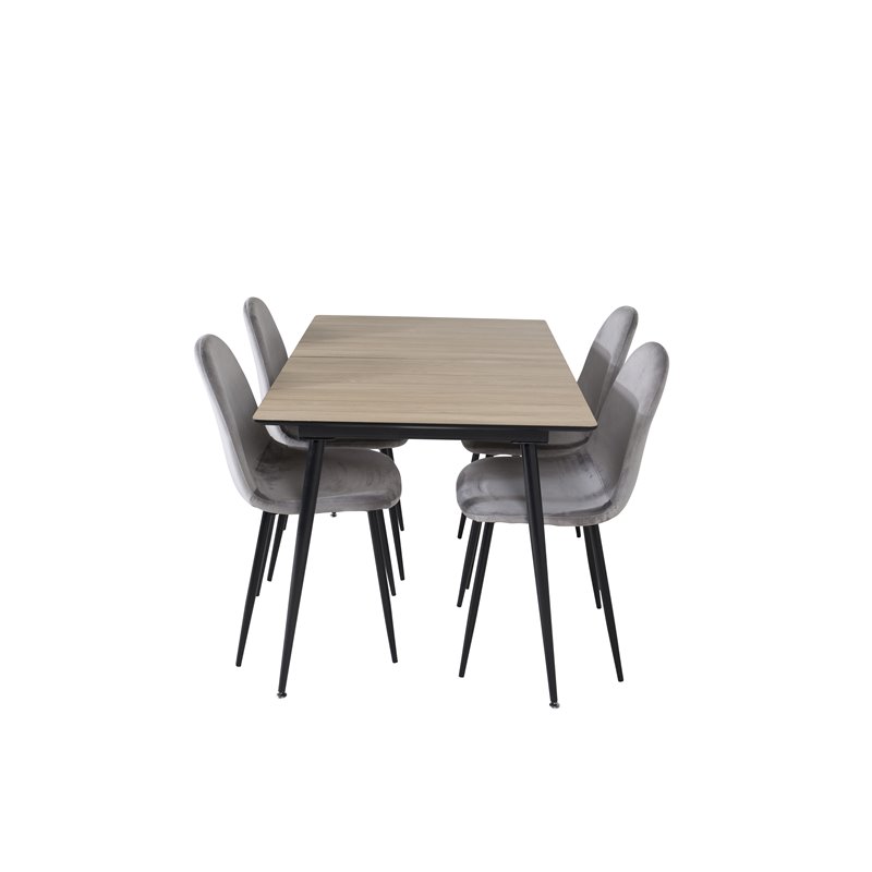 Silar Extention Table  - "Wood Look"  Melamine / Black Legs, Polar Dining Chair - Black legs / Light Grey Velvet (ersätter 19902