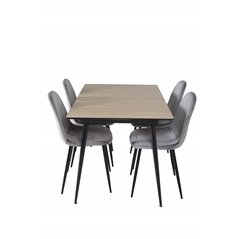 Silar Extention Table  - "Wood Look"  Melamine / Black Legs, Polar Dining Chair - Black legs / Light Grey Velvet (ersätter 19902