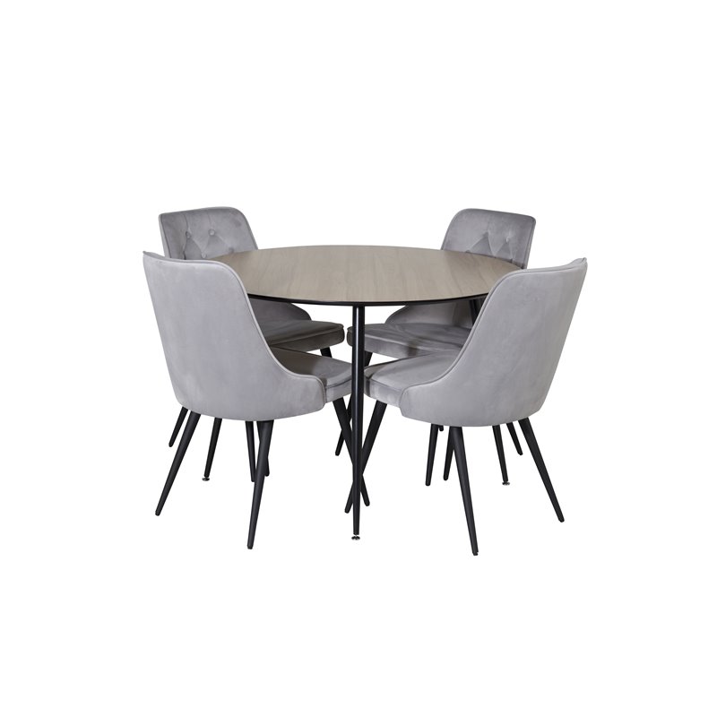 Silar Dining Table - Round 100 cm - "Wood Look"  Melamine / Black Legs, Velvet Deluxe Dining Chair - Light Grey / Black_4