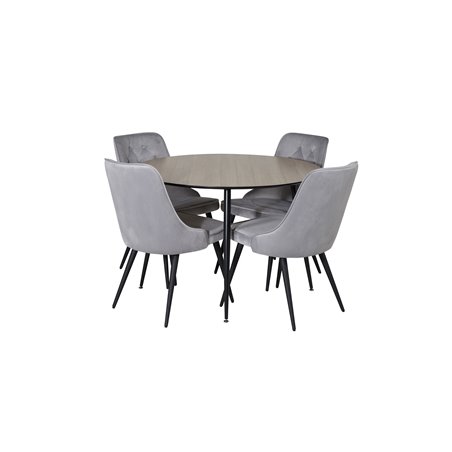 Silar Dining Table - Round 100 cm - "Wood Look" Melamine / Black Legs, Velvet Deluxe Dining Chair - Light Grey / Black_4