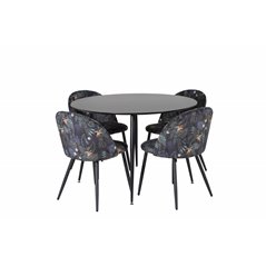 Silar Dining Table - Round 100 cm - Black Melamine / Black Legs, Velvet Dining Chair - Black Flower fabric_4