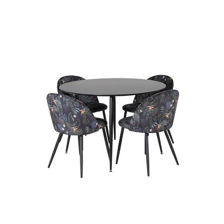 Silar Dining Table - Round 100 cm - Black Melamine / Black Legs, Velvet Dining Chair - Black Flower fabric_4