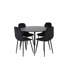 Silar Dining Table - Round 100 cm - Black Melamine / Black Legs, Polar Diamond Dining Chair - Black Legs - Black Velvet_4