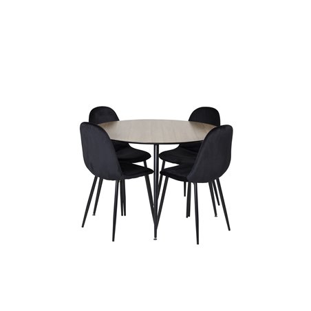 Silar Dining Table - Round 100 cm - "Wood Look" Melamine / Black Legs, Polar Dining Chair - Black legs / Black Velvet (ersätter