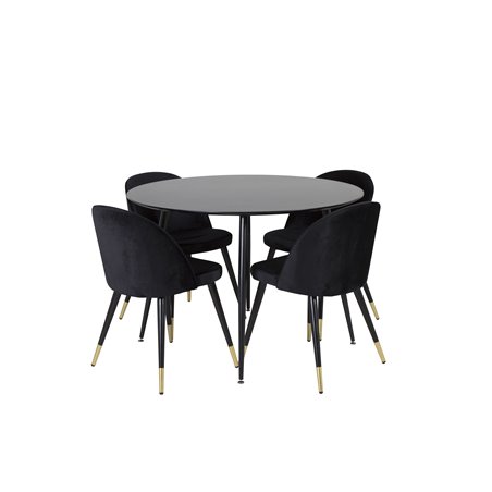 Silar Dining Table - Round 100  cm - Black Melamine / Black Legs, Velvet Dining Chair Brass - Black / Black_4