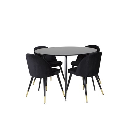 Silar Dining Table - Round 100  cm - Black Melamine / Black Legs, Velvet Dining Chair Brass - Black / Black_4