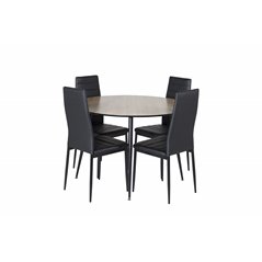 Silar Dining Table - Round 100 cm - "Wood Look" Melamine / Black Legs, Slim High Back Dining Chair - Black Legs - Black PU_4