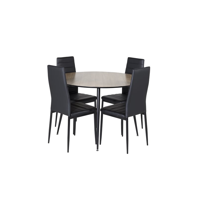 Silar Spisebord - Rundt 100 cm - "Wood Look" Melamin / Sorte Ben, Slank Spisebordsstol med høj ryg - Sorte Ben - Sort PU_4