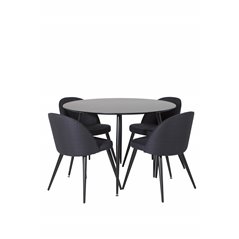 Silar Dining Table - Round 100 cm - Black Melamine / Black Legs, Velvet Dining Chiar - Black legs- Black Fabric_4