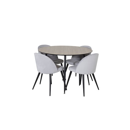 Silar Dining Table - Round 100 cm - "Wood Look" Melamine / Black Legs, Velvet Dining Chair Corduroy - Light Grey / Black_4