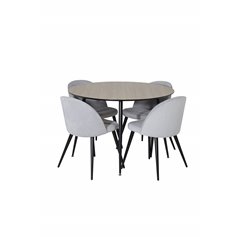 Silar Dining Table - Round 100 cm - "Wood Look" Melamine / Black Legs, Velvet Dining Chair Corduroy - Light Grey / Black_4