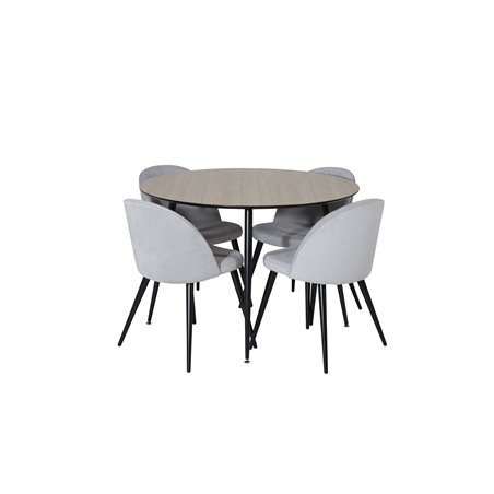Silar ruokapöytä - pyöreä 100 cm - "Wood Look" Melamiini / mustat jalat, sametti ruokapöydän tuoli vakosametti - vaaleanharmaa /