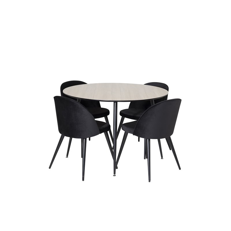 Silar Dining Table - Round 100 cm - "Wood Look" Melamine / Black Legs, Velvet Dining Chair - Black / Black_4