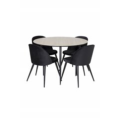 Silar Dining Table - Round 100 cm - "Wood Look" Melamine / Black Legs, Velvet Dining Chair - Black / Black_4