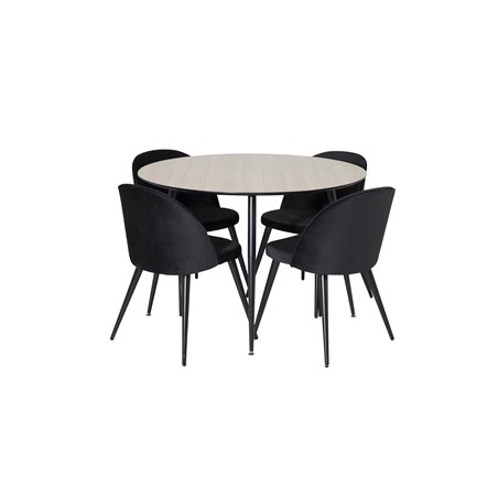 Silar Dining Table - Round 100 cm - "Wood Look" Melamine / Black Legs, Velvet Dining Chair - Black / Black_4