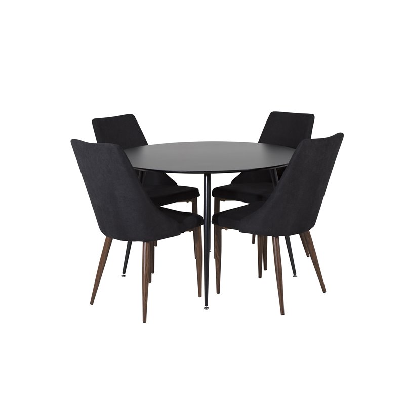 Silar Dining Table - Round 100  cm - Black Melamine / Black Legs, Leone Dining Chair - Walnut legs - Black Fabric_4