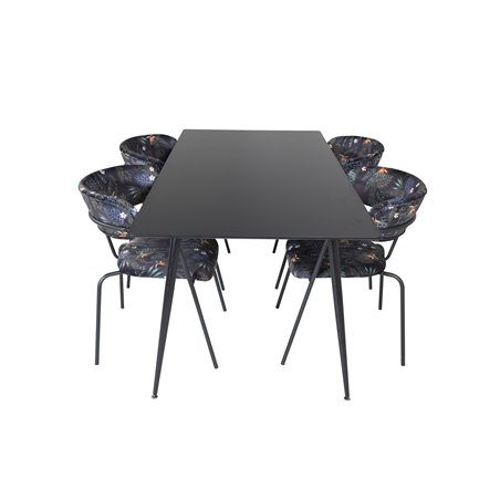 Silar Dining Table - 180 cm - Black Melamine / Black Legs, Arrow armchair - Black Legs - Black Flower printed Fabric_4