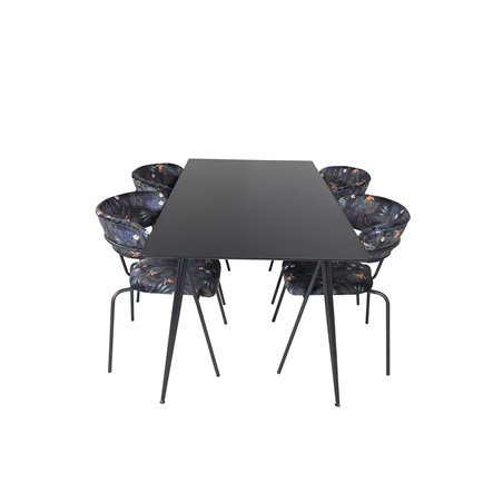 Silar Dining Table - 180 cm - Black Melamine / Black Legs, Arrow armchair - Black Legs - Black Flower printed Fabric_4