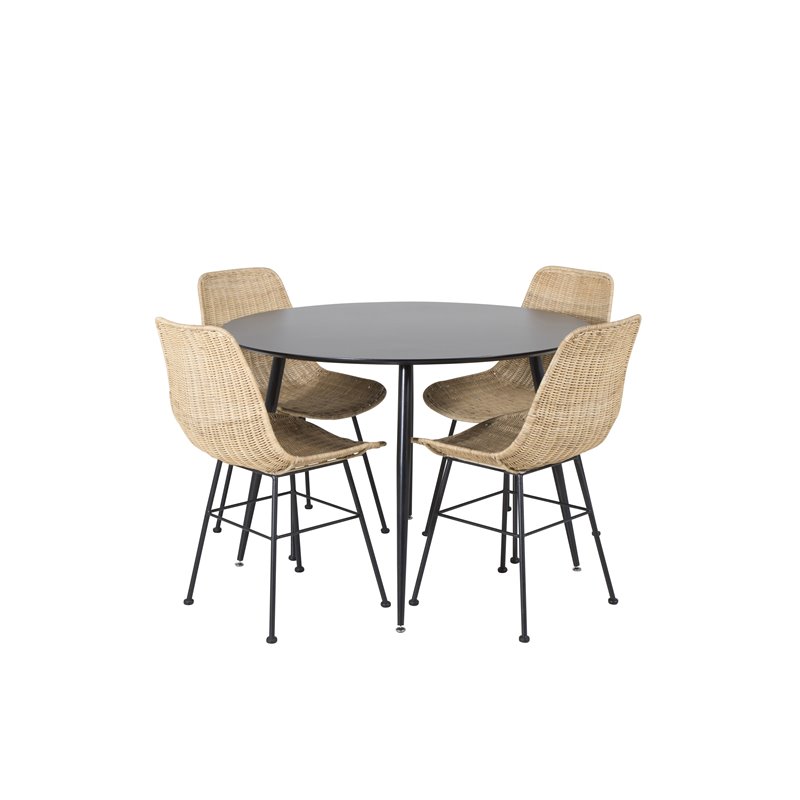 Silar Dining Table - Round 100  cm - Black Melamine / Black Legs, Bali dining chair - Nature / Black_4