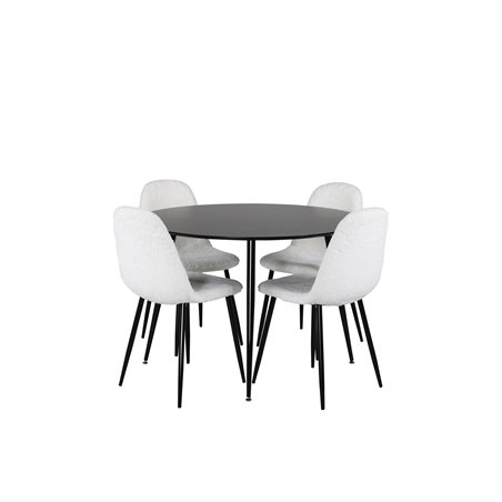 Silar Dining Table - Round 100  cm - Black Melamine / Black Legs, Polar Fluff Dining Chair - Black Legs  - White Teddy _4