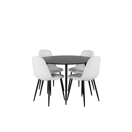 Silar Dining Table - Round 100  cm - Black Melamine / Black Legs, Polar Fluff Dining Chair - Black Legs  - White Teddy _4