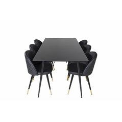 Silar Dining Table - 180 cm - Black Melamine / Black Legs, Velvet Dining Chair w, Stiches - PU - Black / Black_6