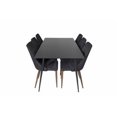 Silar Dining Table - 180 cm - Black Melamine / Black Legs, Leone Dining Chair - Walnut legs - Black Fabric_6