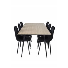 Silar ruokapöytä - 180 cm - "Wood Look" Melamiini / mustat jalat, Polar Diamond ruokapöydän tuoli - Mustat jalat - Black Velvet_