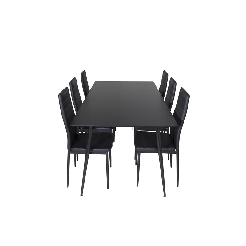Silar spisebord - 180 cm - sort melamin / sorte ben, slank spisestol med høj ryg - Sorte ben - Sort PU_6