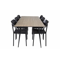 Silar Dining Table - 180 cm - "Wood Look" Melamine / Black Legs, Polly Dining Chair - Black / Black_6