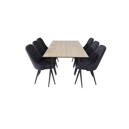 Silar Dining Table - 180 cm - "Wood Look" Melamine / Black Legs, Velvet Deluxe Dining Chair - Black Legs - Black Fabric_6