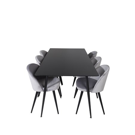 Silar spisebord - 180 cm - sort melamin / sorte ben, fløjl spisestuestol - lysegrå / sort_6