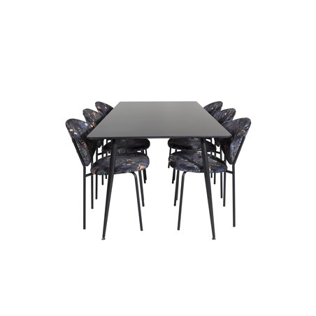 Silar Dining Table - 180 cm - Black Melamine / Black Legs, Vault Dining Chair - Black legs - Black Flower printed fabric_6